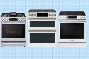 Three freestanding kitchen ranges on a grid background. The left range features gold knobs and is a contender for the best gas range. The center boasts a large oven with digital controls, while the right offers a single oven with multiple burners on top.