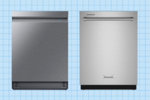 Samsung Top Control Built-In Dishwasher and KitchenAid Top Control Built-In Dishwasher isolated on a grid paper background
