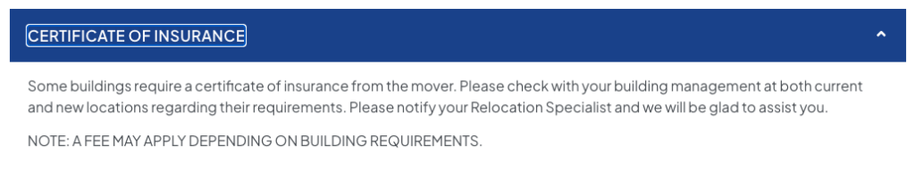 A portion of BLVD's moving terms and conditions regarding certificate of insurance requirements
