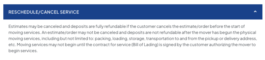 A portion of BLVD's moving terms and conditions regarding rescheduling or canceling service