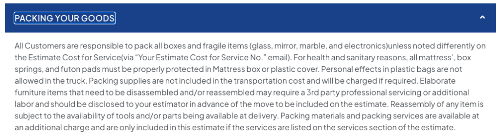 A portion of BLVD's moving terms and conditions regarding packing your goods