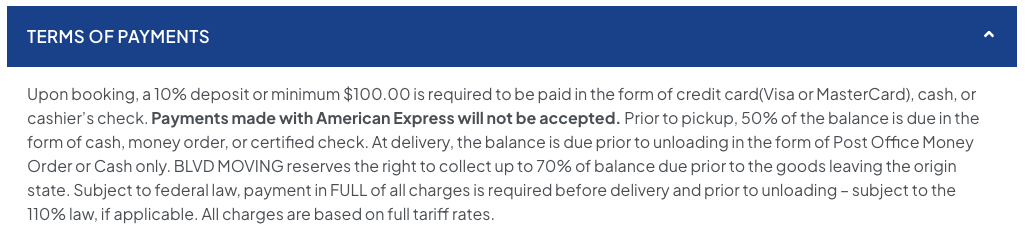 A portion of BLVD's moving terms and conditions regarding terms of payment