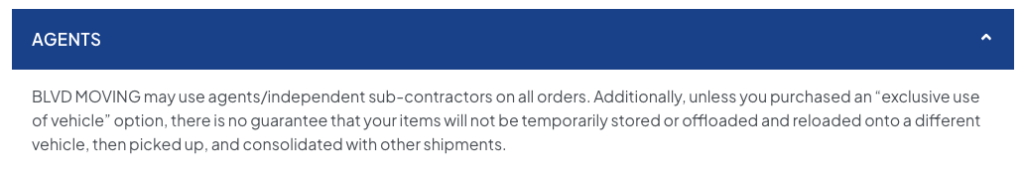 A portion of BLVD's moving terms and conditions regarding agents
