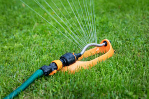 Lawn watering - water sprinkler working in green grass at home backyard