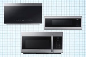 1.7 cu. ft. Over-the-Range Microwave, 1.1 cu. ft. Smart SLIM Over-the-Range Microwave, and Bespoke 2.1 cu. ft. Over-the-Range Microwave isolated on a grid paper background