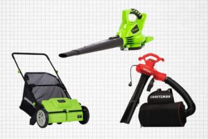 GreenSweep Pickup Pro Garden Sweeper, CRAFTSMAN Leaf Blower, Vacuum and Mulcher, and Greenworks 40V Cordless Leaf Blower /Vacuum isolated on a grid paper background