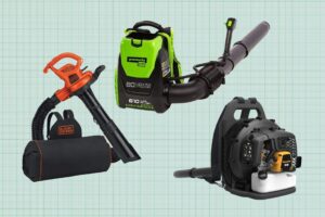 Poulan Pro PR48B Backpack Leaf Blower,Greenworks Cordless Brushless Backpack Leaf Blower, and BLACK+DECKER Electric Leaf Blower isolated on a green grid paper backgroun