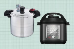 Two best pressure canners against a green graph paper background. Lead image for best pressure canner guide.