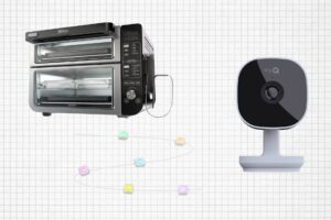 Ninja 12-in-1 Smart Double Oven with FlexDoor, Govee Permanent Outdoor Lights, and myQ Smart Garage Security Camera isolated on a grid paper background