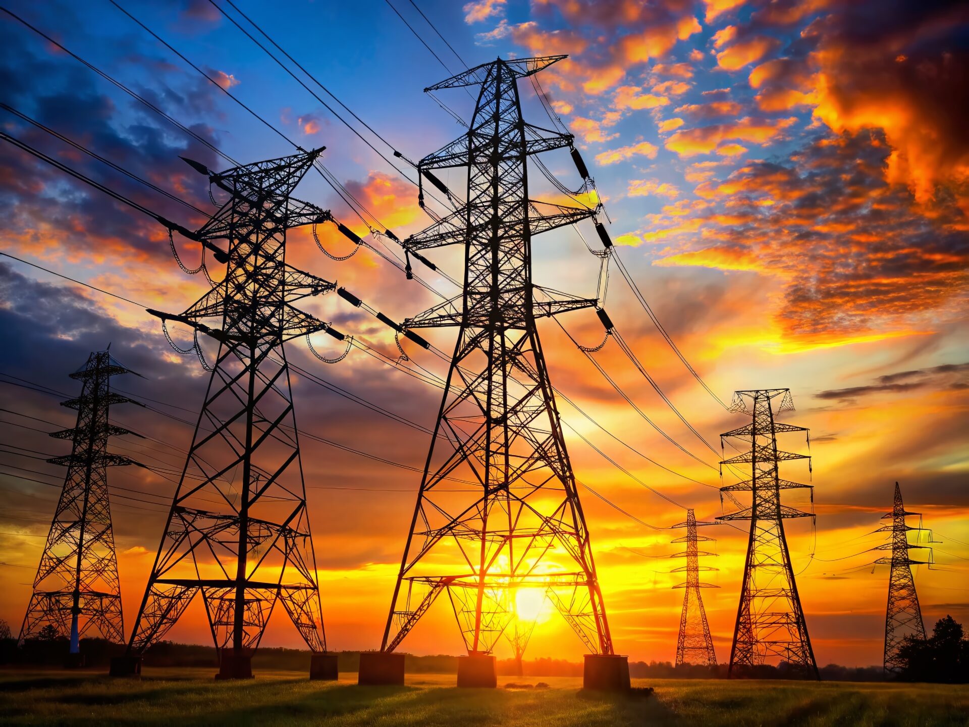 Humble Texas Sunset Silhouette: Group of Power Transmission Towers