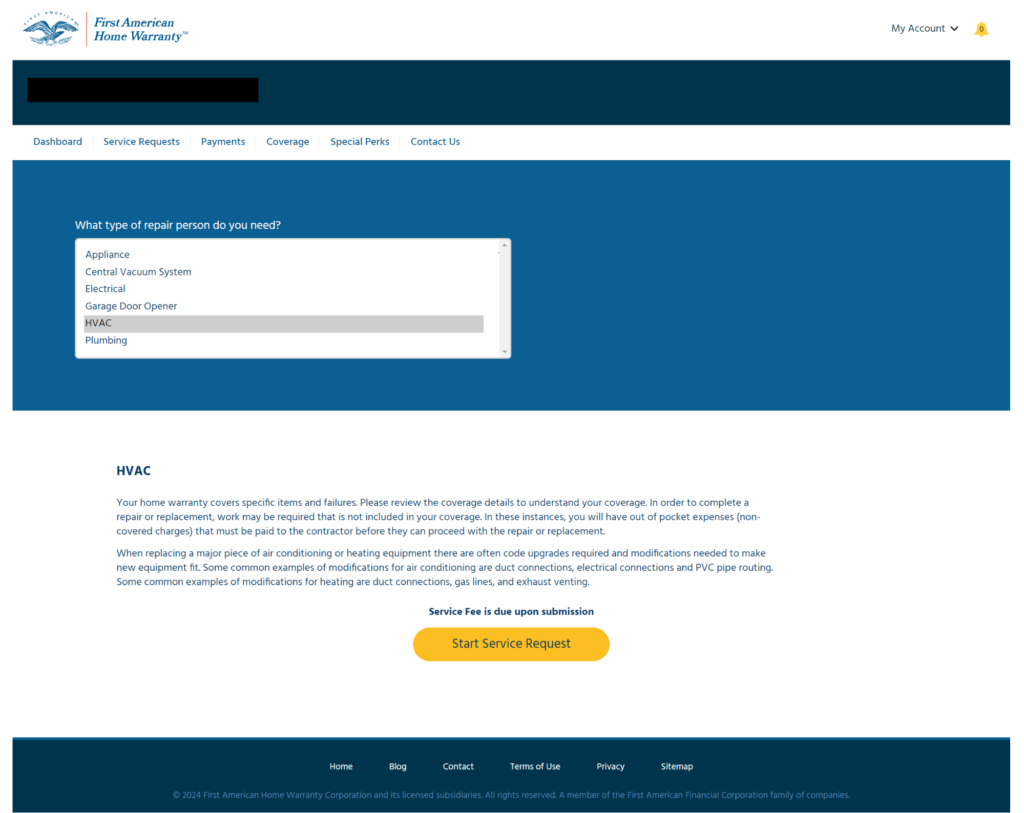 A screenshot of the First American Home Warranty online claims portal.