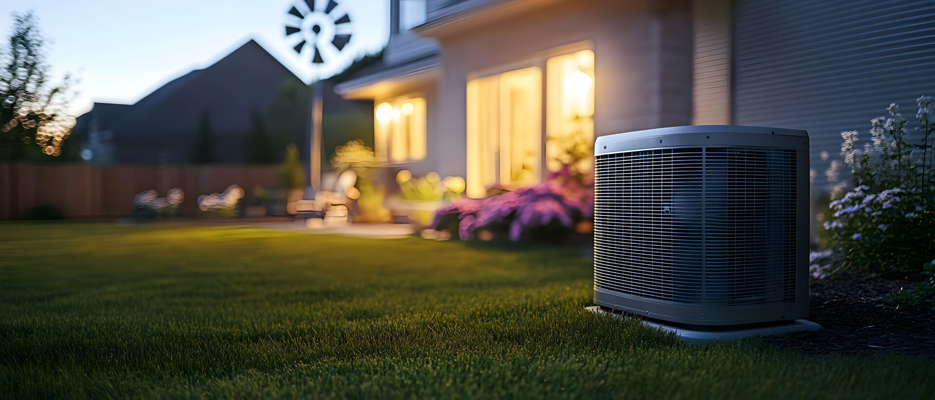 Outdoor HVAC unit on a lawn at dusk, near a house with glowing windows.