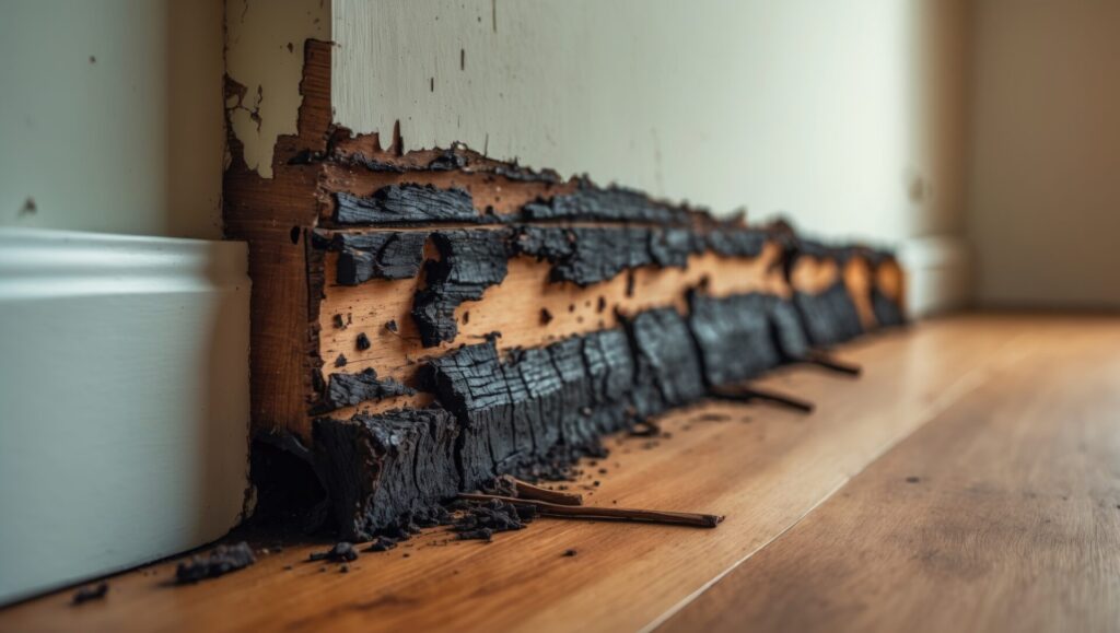 Wooden wall damaged due to termite infestation inside the house.