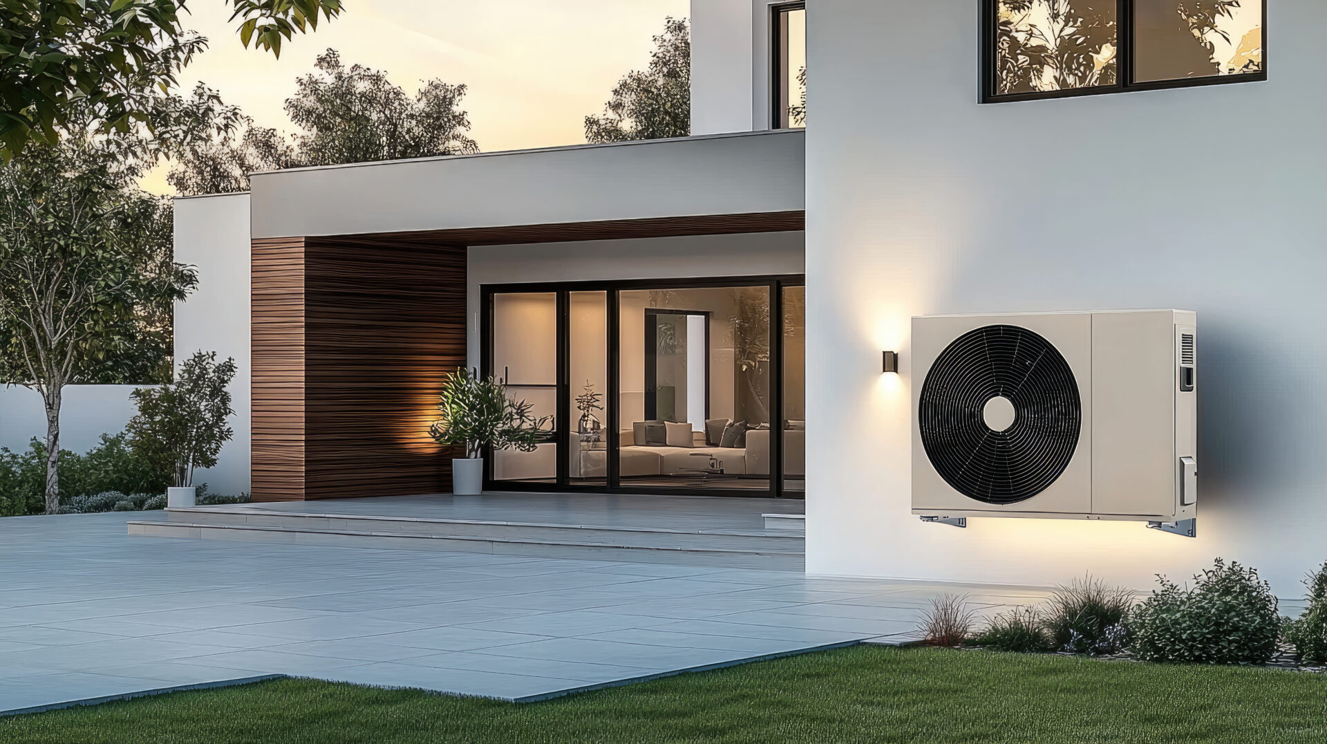 Modern home exterior at sunset with clean lines and a wood-paneled entrance, large windows, a visible air conditioning unit, and surrounding greenery.