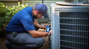 HVAC technician performing a maintenance check.