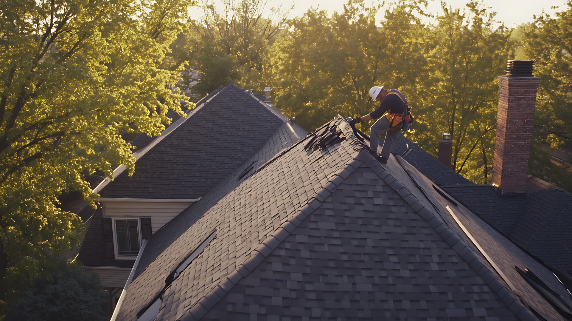 Roofing crew replacing old shingles on a residential home. Featuring roofing and roof repairs