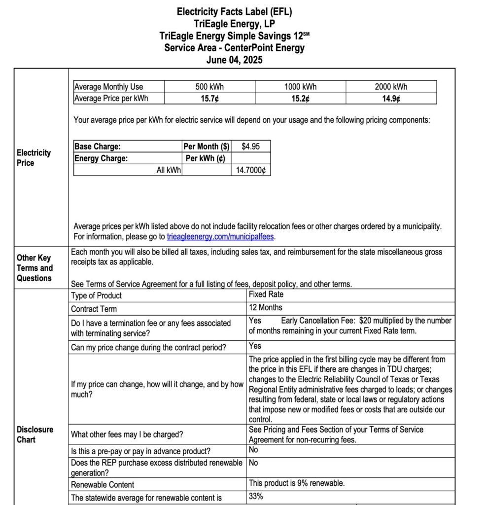 A screenshot of the EFL for the TriEagle Energy Simple Savings 12 plan.