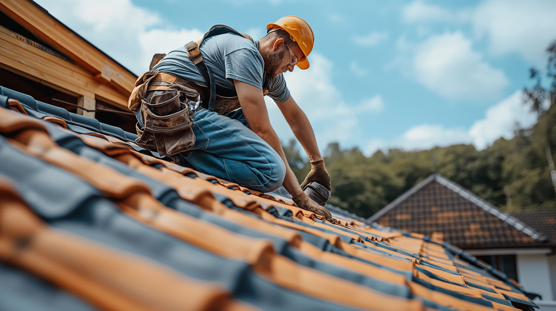 A roofer working on the roof of a home.