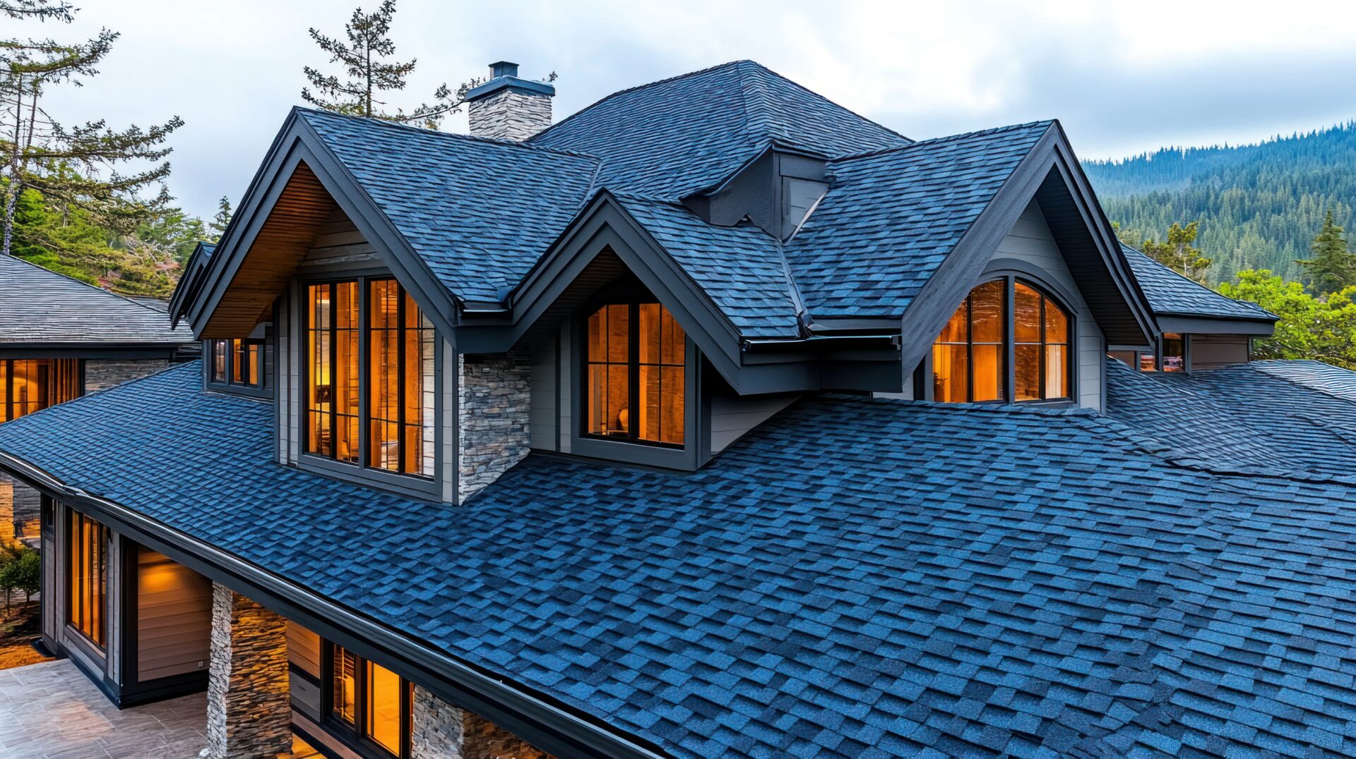 Modern home with dark blue roof and stone accents.