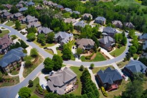 Panoramic aerial view of a beautiful subdivision in an upscale neighborhood in Georgia, USA.