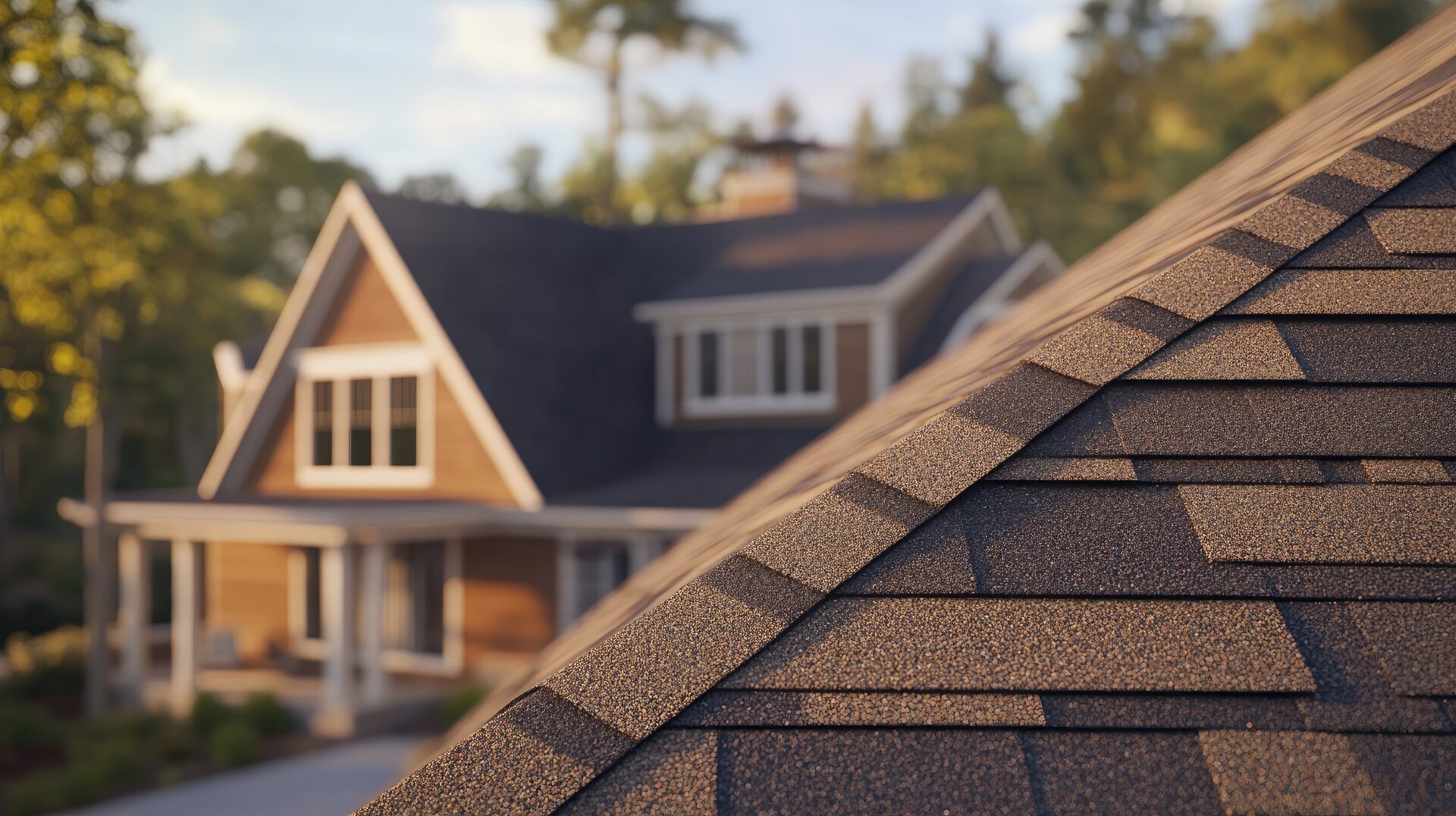 A close-up of asphalt shingles on a roof.