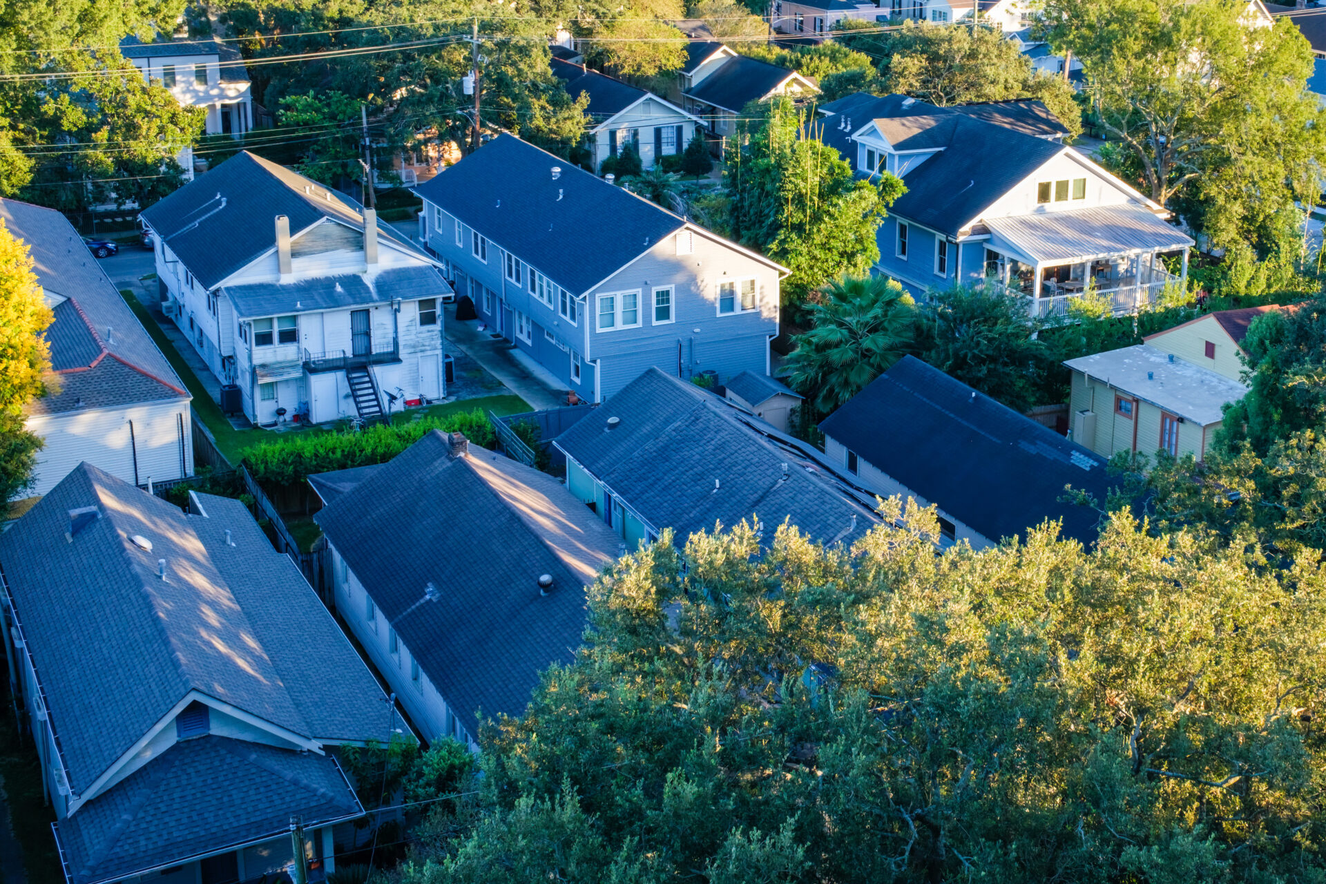 Aerial view of New Orleans neighborhood as dusk approaches.
