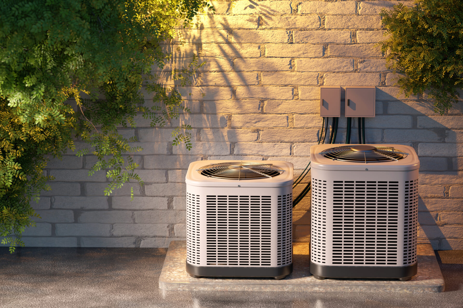Two outdoor air conditioning units installed next to a brick wall with power connections and surrounding greenery. Scene relates to HVAC systems and home climate control.