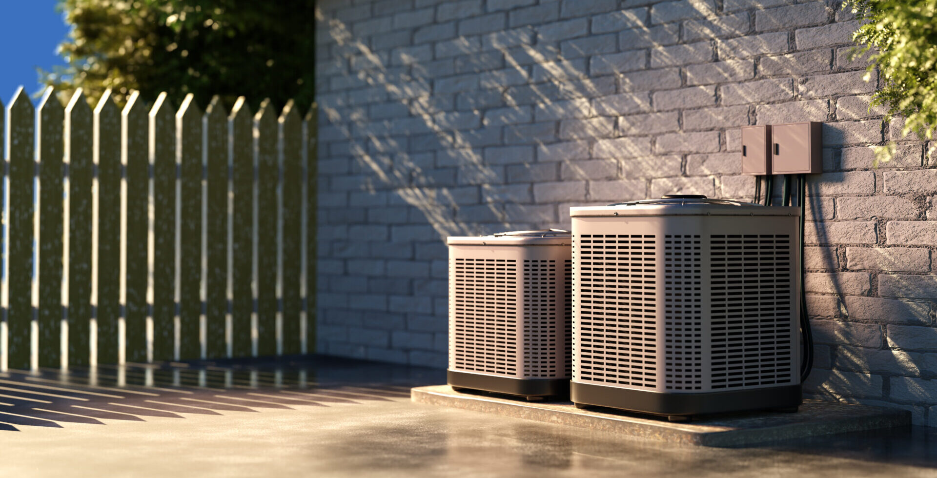 Two outdoor ACs sit against a light-gray brick wall.