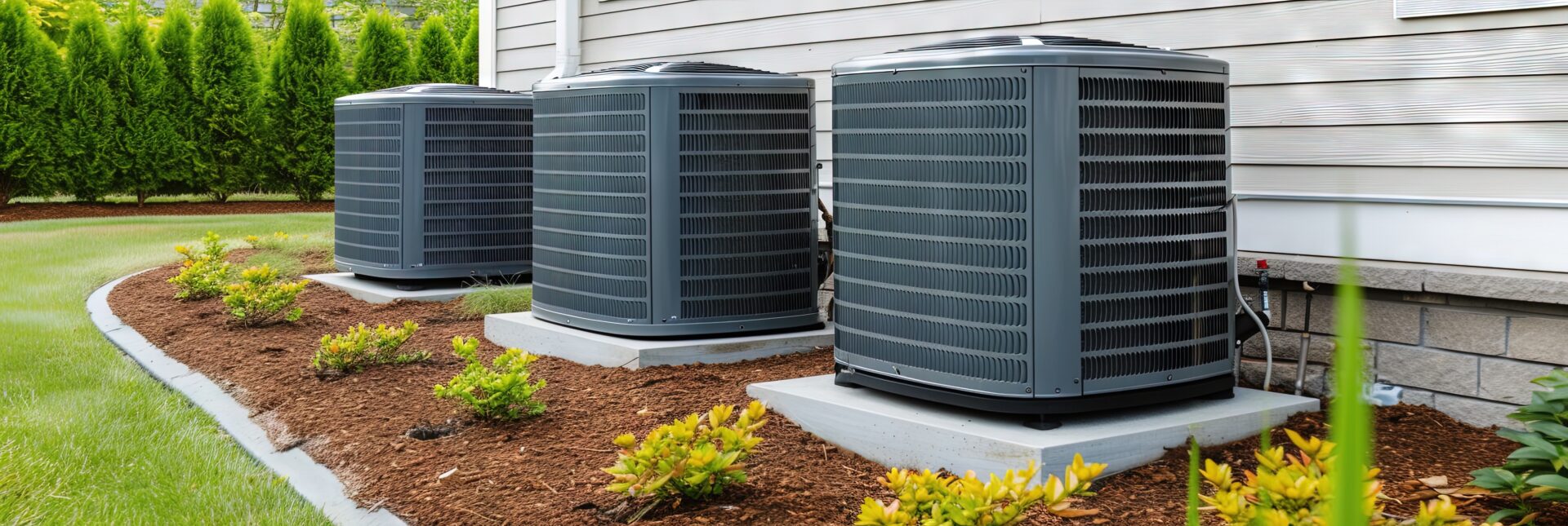 Three large gray air conditioning units are lined up against a house's exterior wall.
