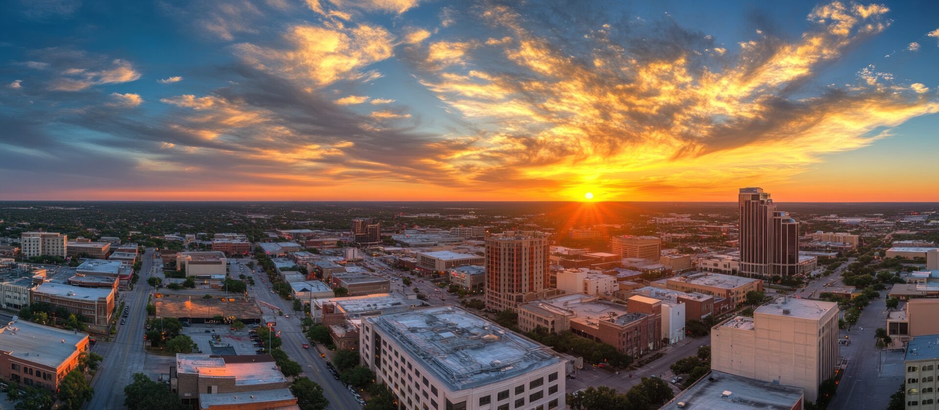 Stunning aerial view of Plano, Texas at sunset.