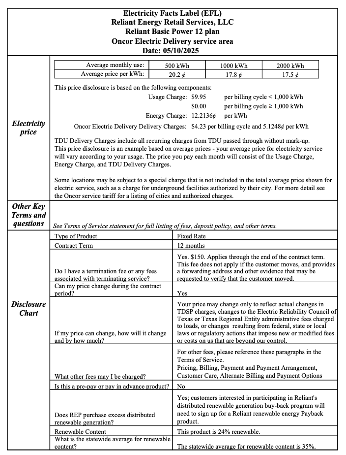A copy of an Electricity Facts Label form