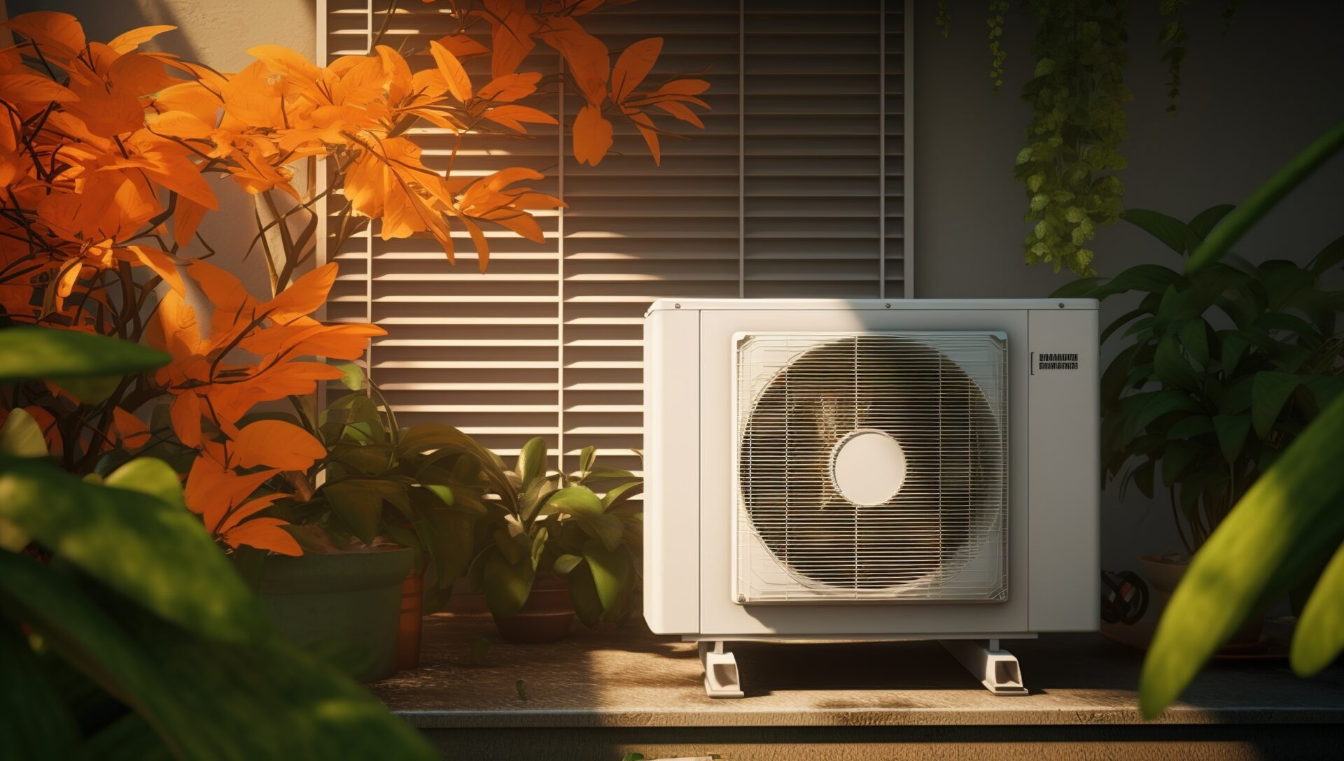 Air conditioner unit on a sunny balcony with potted plants.