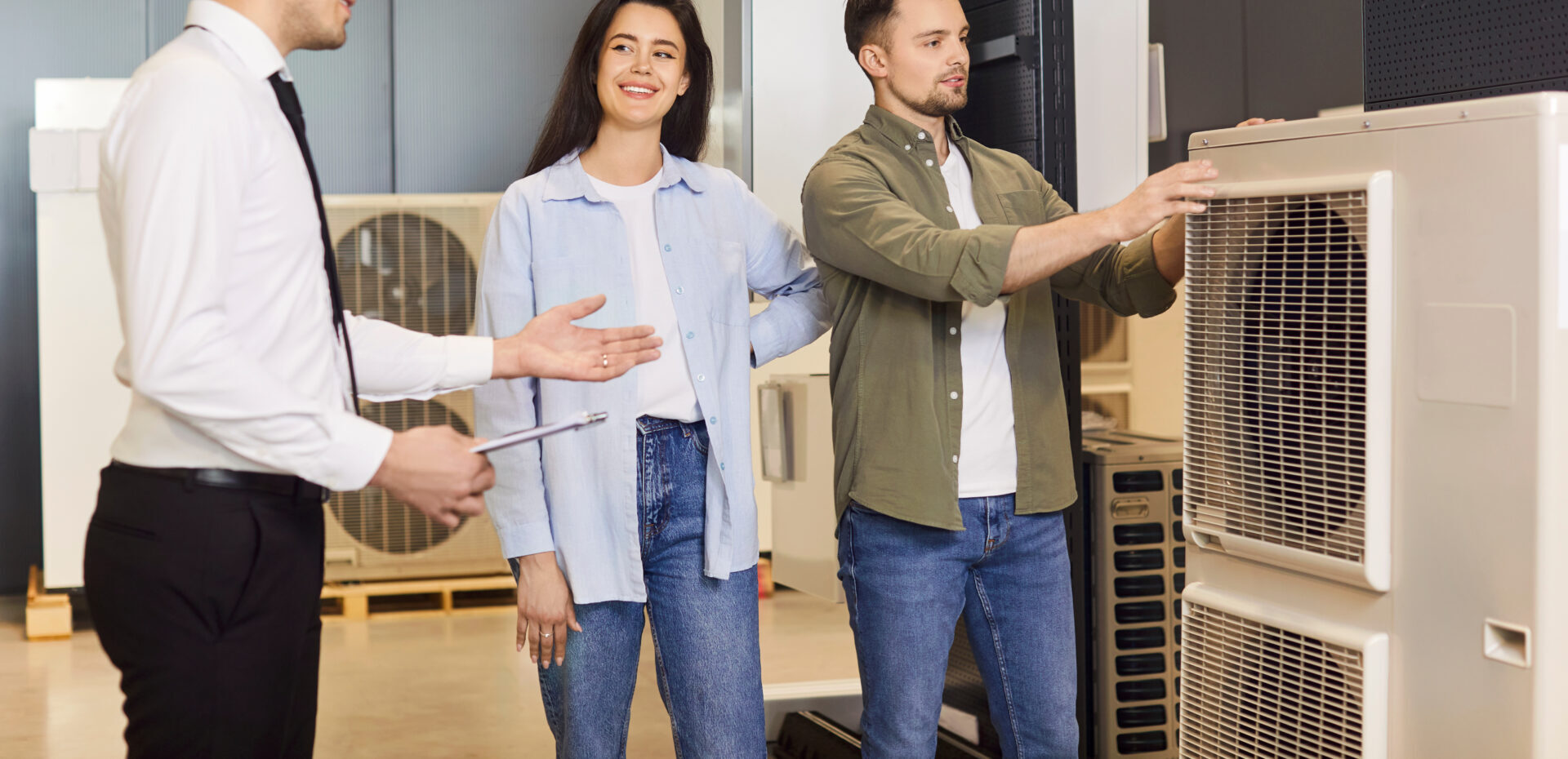 Air conditioner salesman assisting family consumers in choosing, buying heating and cooling product.