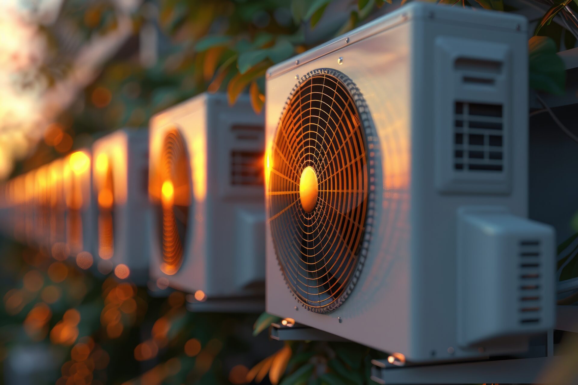 Row of ACs glowing during sunset.