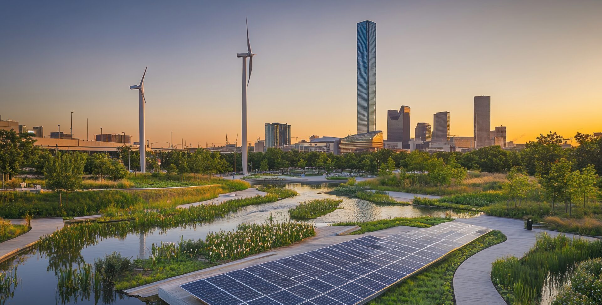 Dallas skyline at sunset, viewed from a sustainable park featuring solar panels and wind turbines.