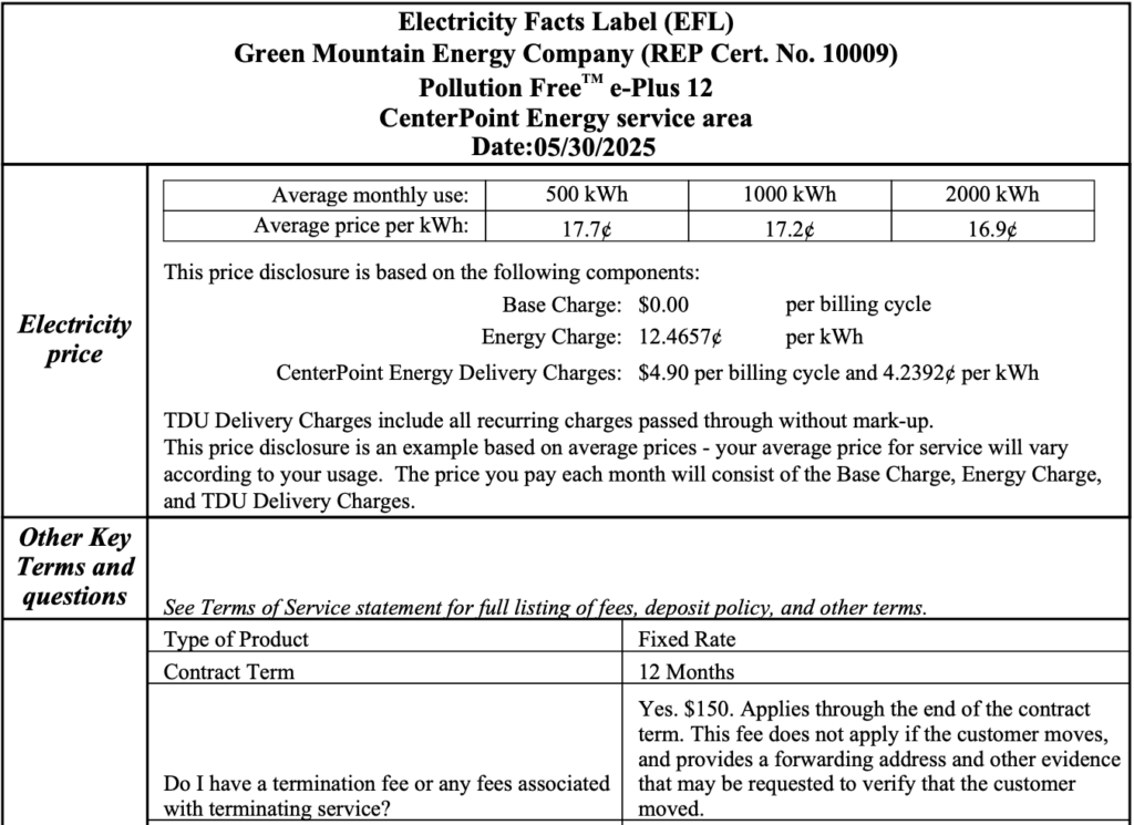 Electricity Facts Label from Green Mountain Energy detailing prices, delivery charges, and terms for a 12-month fixed-rate plan.