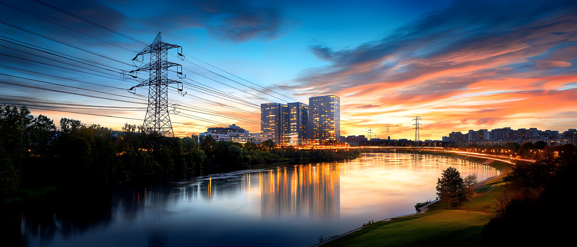 Houston skyline at sunset with power lines crossing Buffalo Bayou, reflecting the city’s energy infrastructure and riverfront views.