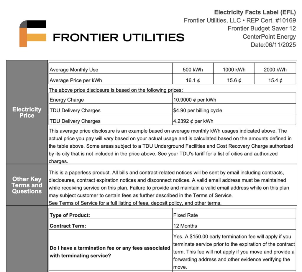 A copy of the Electricity Facts Label for Frontier Utilities