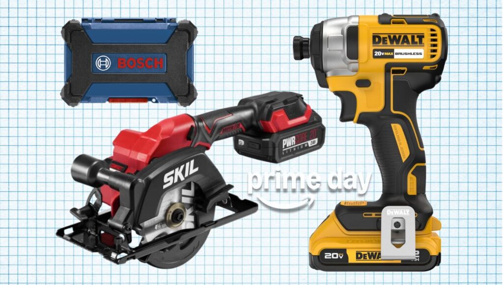 Collage featuring Dewalt impact driver, Skil 20V PWR Core handheld circular saw, and Bosch drill and driver bit storage case.