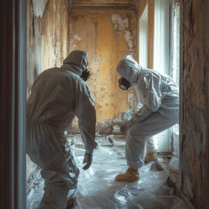 Two people performing an asbestos abatement process.