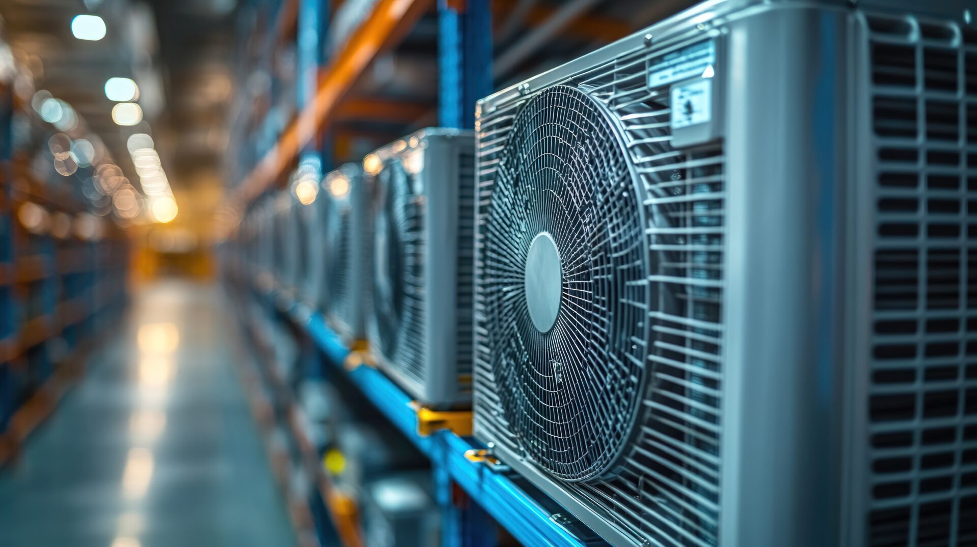 Air conditioners on shelves in warehouse.