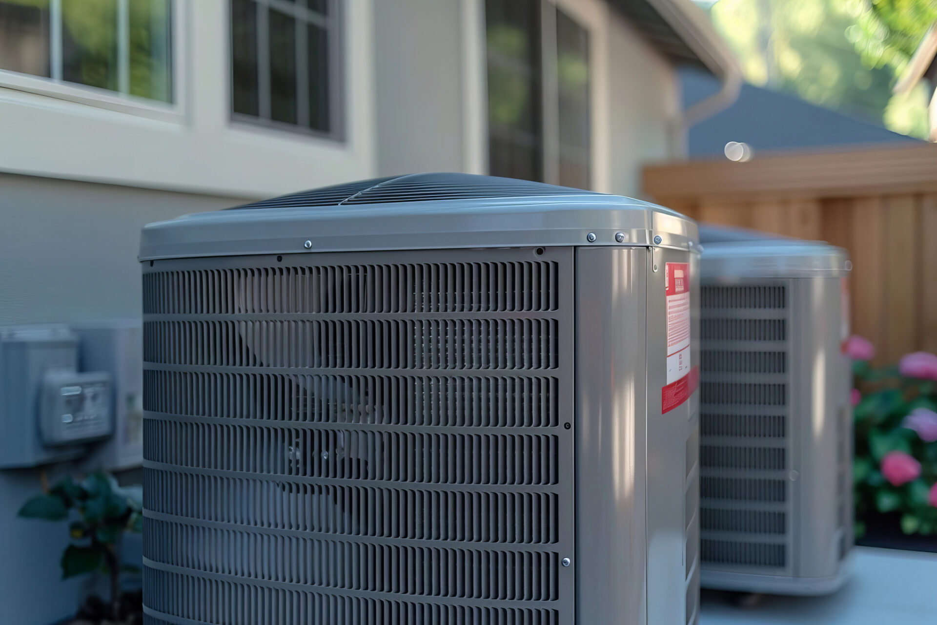 Two large outdoor air conditioning units are positioned on a concrete slab beside a house.