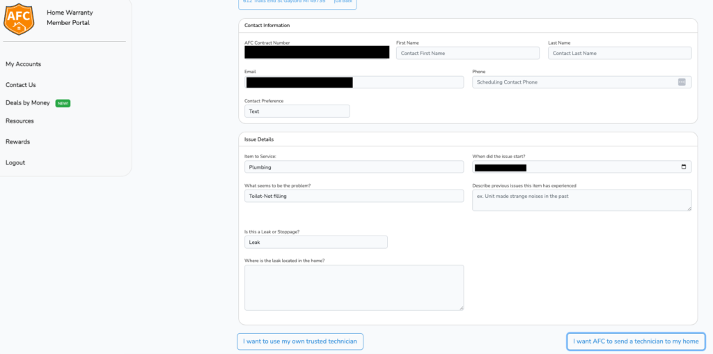 A screenshot of the AFC Home Warranty online claims portal.